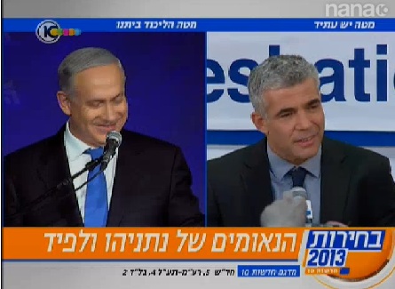 Los dos ganadores, discurseando en simultáneo. Lapid, a la derecha, Netanyahu a la izquierda. 